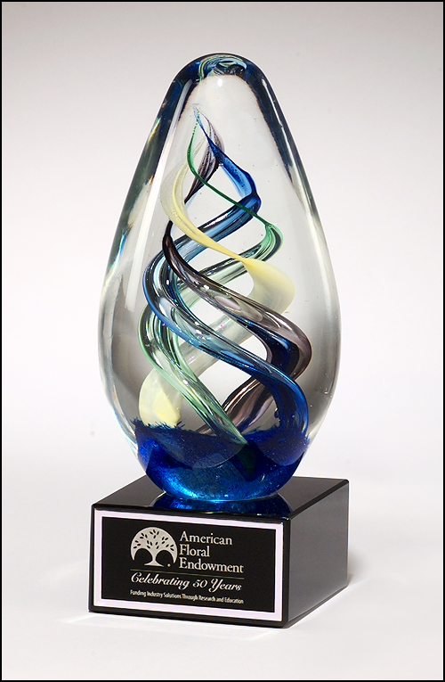 Personalized Egg Shaped Art Glass Award On Black Glass Base
