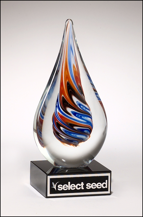 Personalized Teardrop Shaped Art Glass Award on Black Glass Base