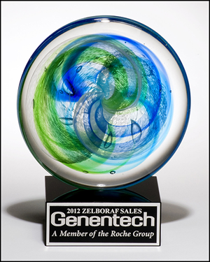 Personalized Disc Art Glass Award with Blue Green Accents on Black Glass Base