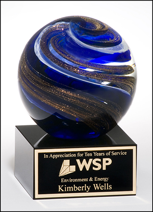 Personalized Globe Art Glass Award with Blue, White and Metallic Highlights on Black Glass Base