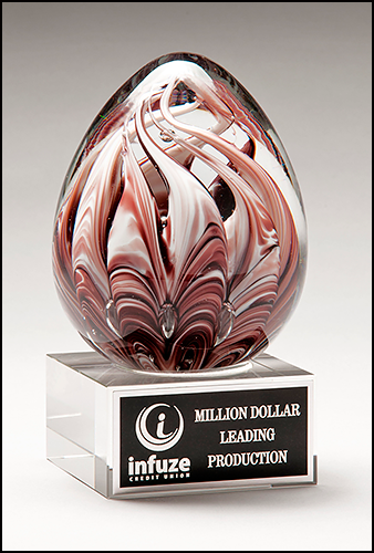 Egg Shaped Burgundy and White Personalized Art Glass Award