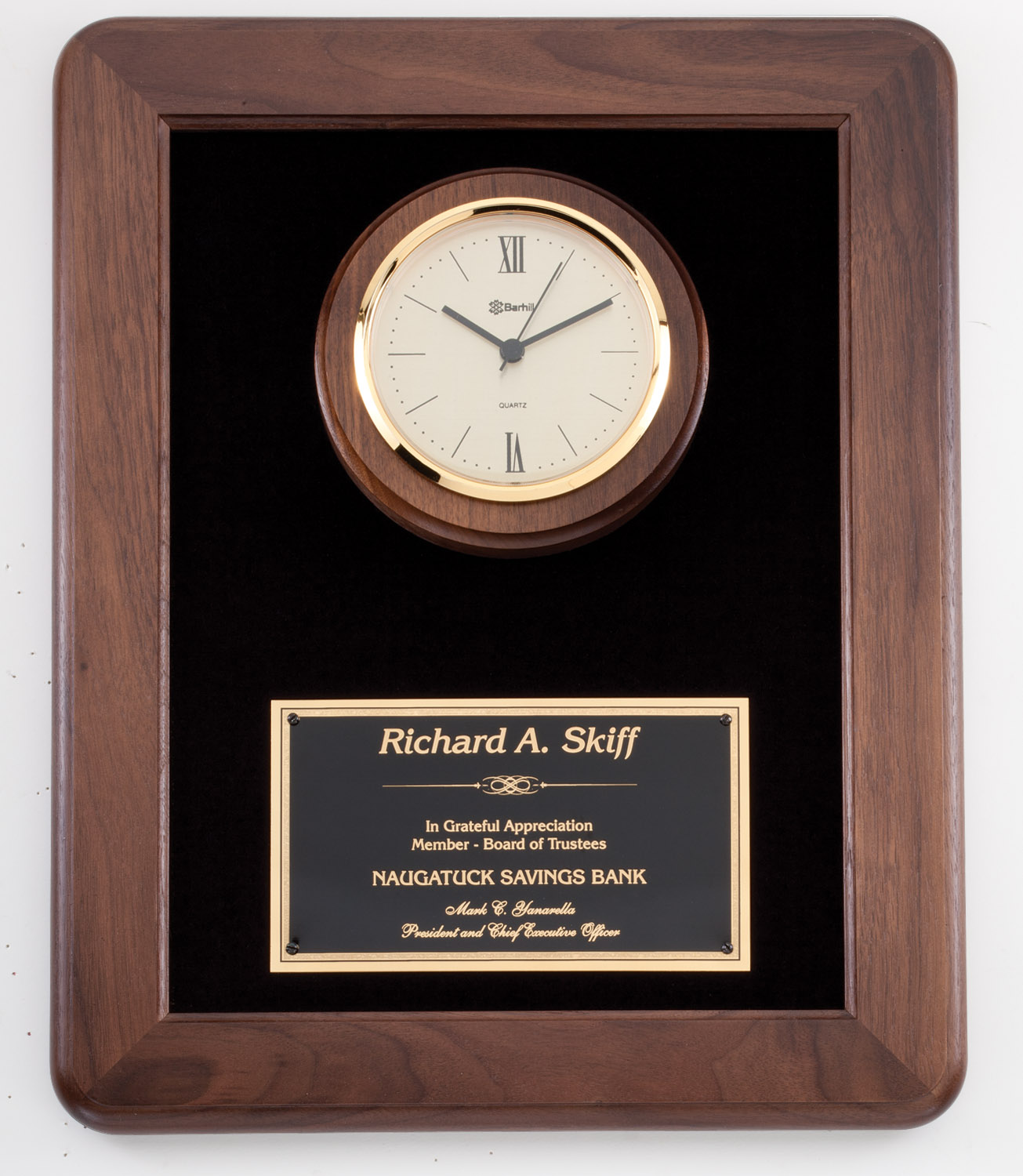 Personalized Walnut frame wall clock with black velour background