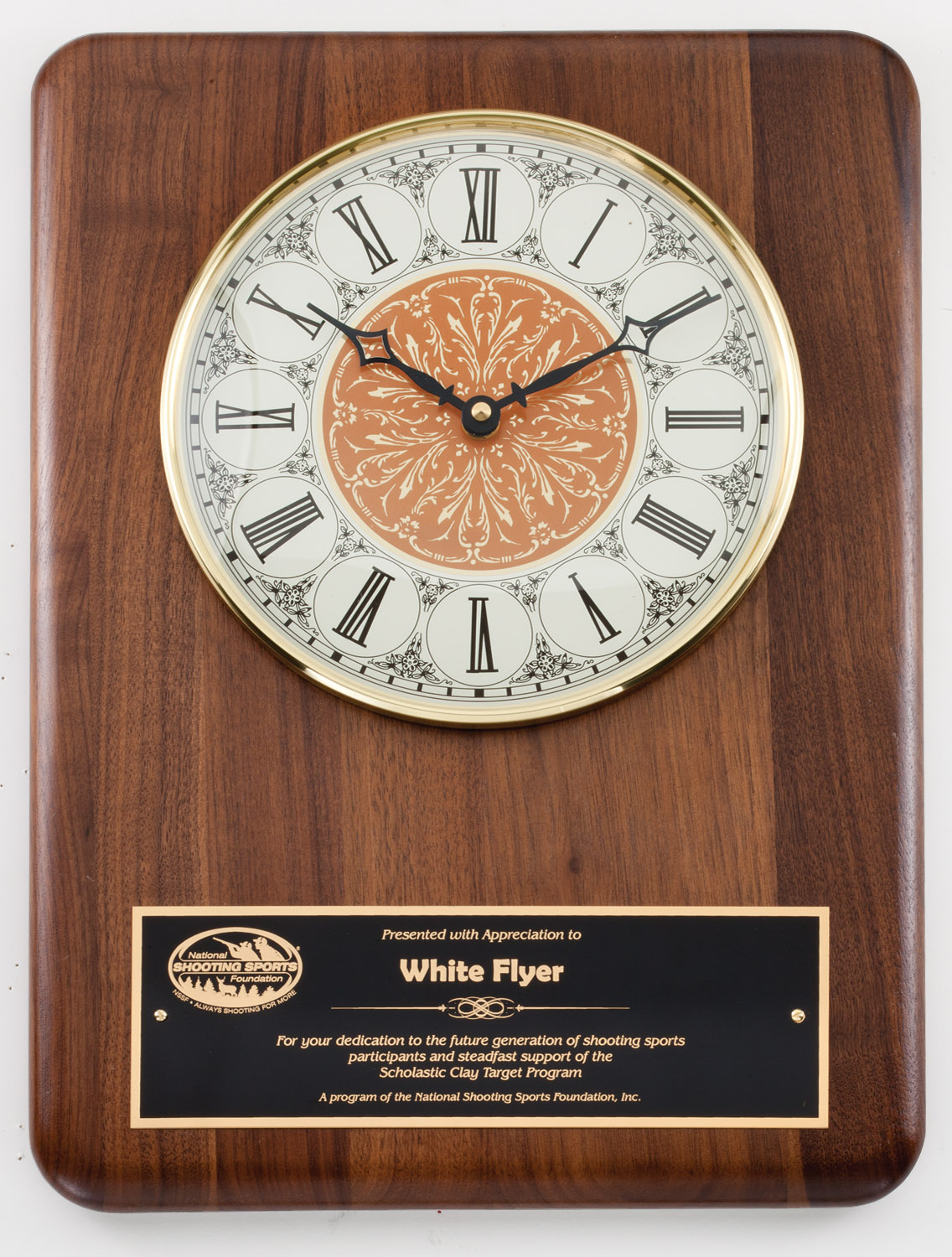 PC858 Personalized Solid Walnut Clock with White Dial and Engraving