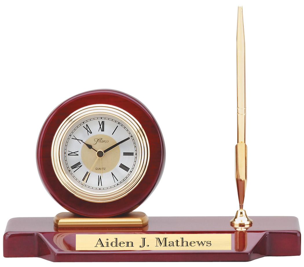 Personalized Rosewood Clock and gold tone pen desk set