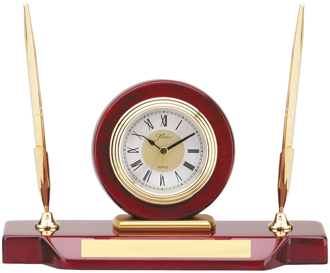 Personalized Rosewood Clock and 2 gold tone pens desk set