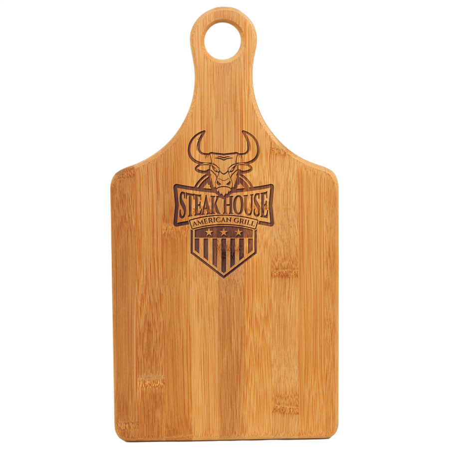 Engravable bamboo paddle shaped cutting board