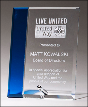 G2854 Engravable Clear glass award with sapphire blue highlight and silver easel post